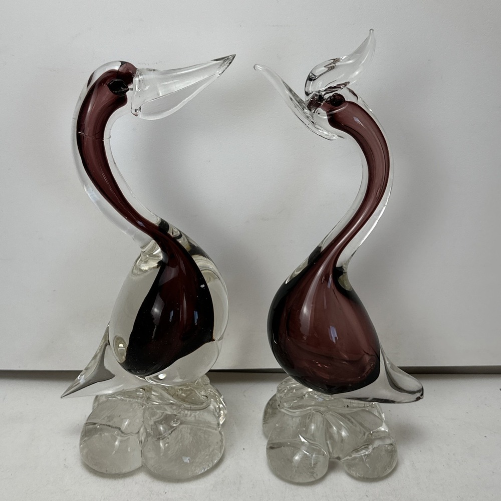 Art Glass Murano Style Duck / Goose Set Pair 8" Purple Red Paperweights Birds